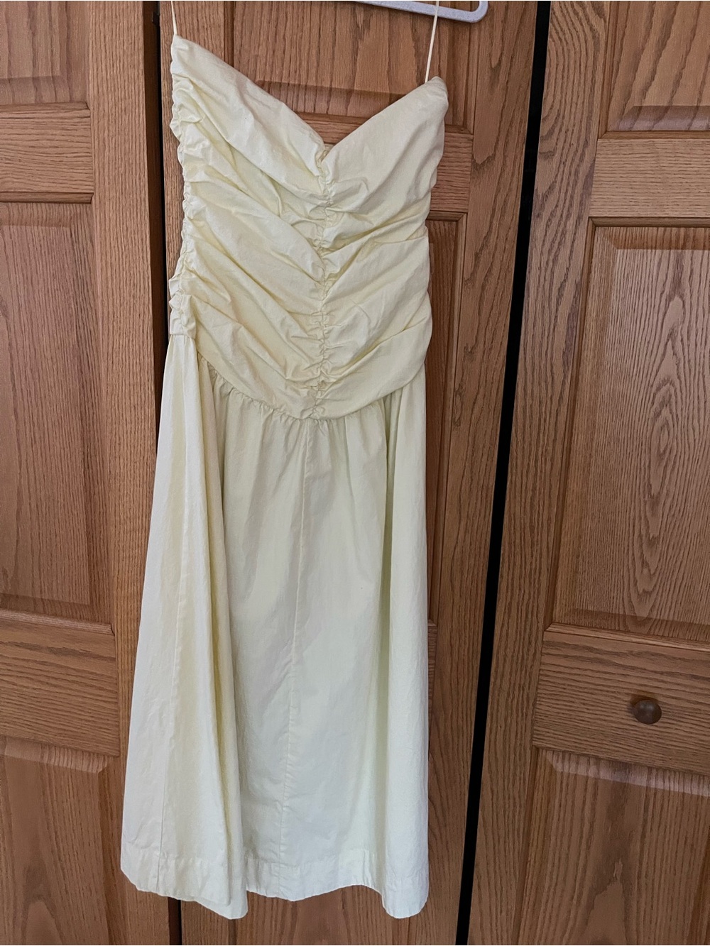 Strapless Ruched Bust Midi Dress in Pale Yellow